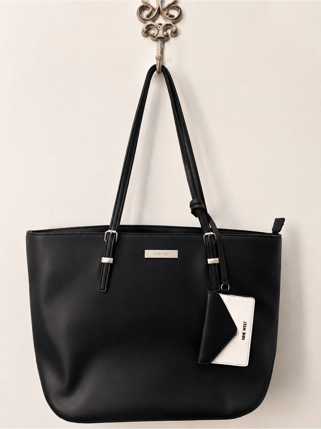 Nine West Black Tote Bag With Removable Card Holder Large Zip-Top Work Tote